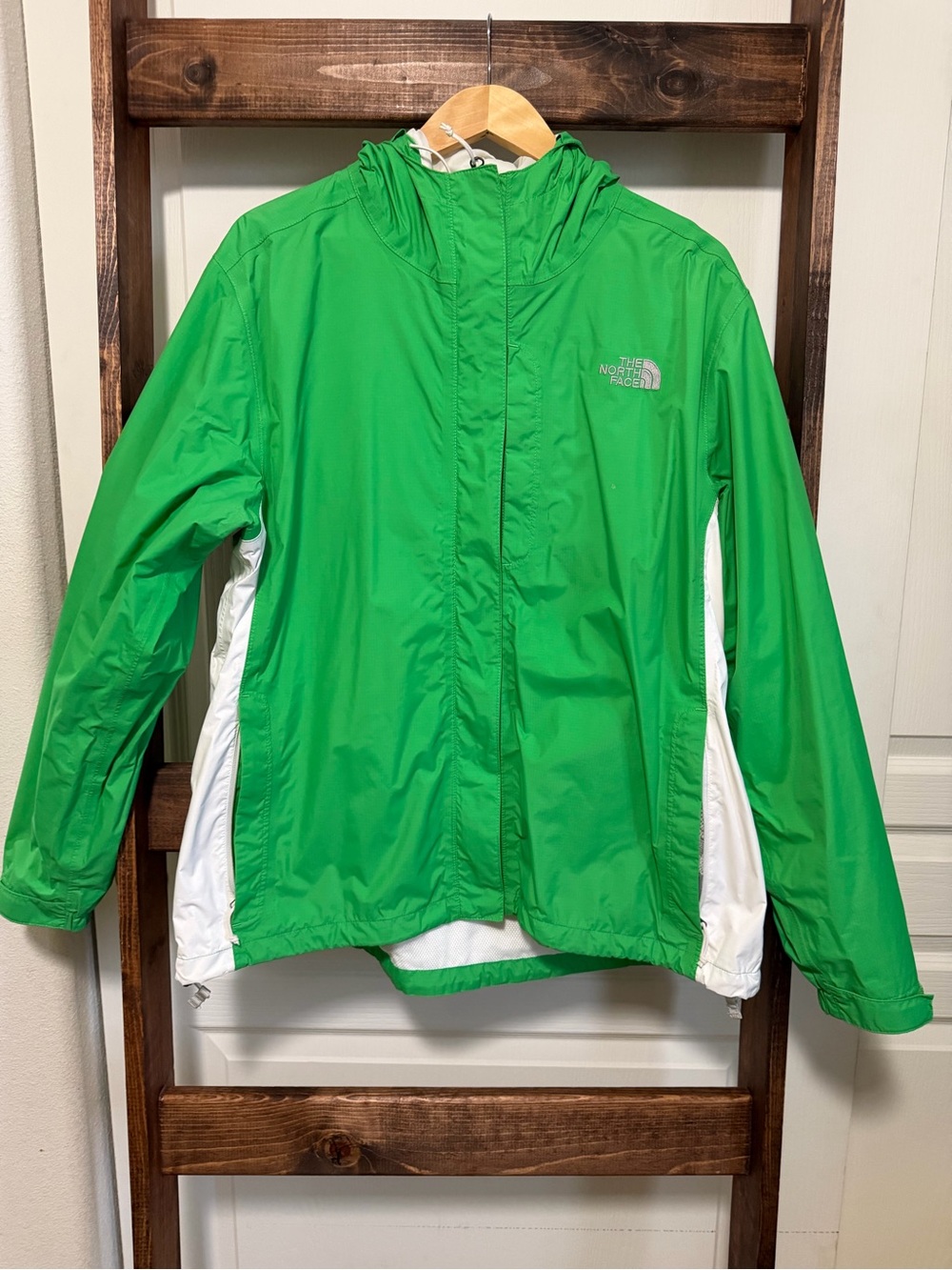 The North Face Green Hooded Rain Jacket with White Panels